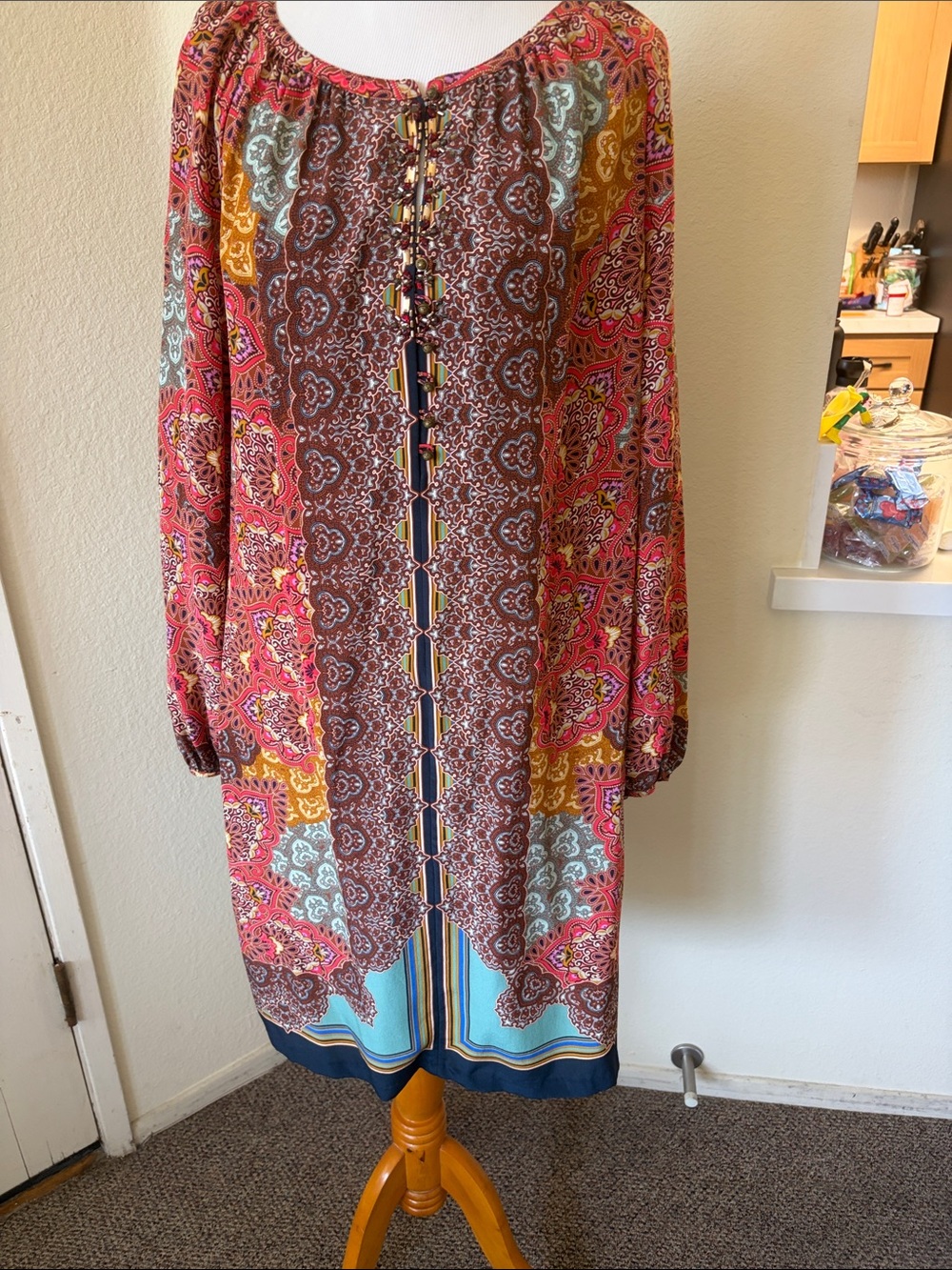 Robert Graham  Boho Patchwork Print Long Sleeve Tunic Dress - Multicolor Silk